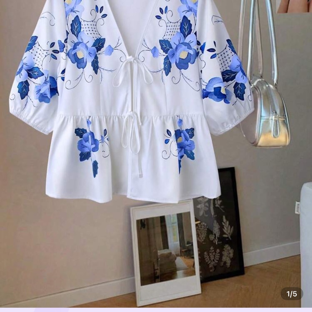 Floral Blue and White Women's Top